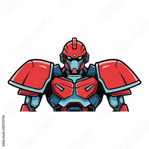 Cartoon robot character in red and blue armor with yellow eyes