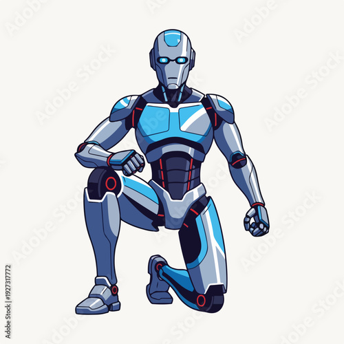 Robot character in futuristic metallic blue and gray armor posing