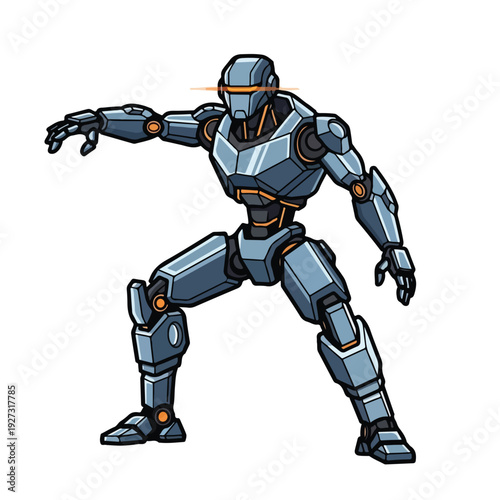 Robot in dynamic pose with arms extended and laser eyes glowing