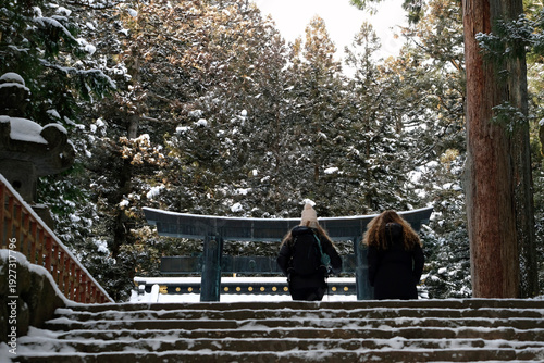 Torii gate at Toshogu Shrine in Nikko, Japan, during winter