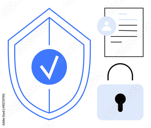 Cybersecurity, data protection, identity verification, secure access, authentication systems, privacy. A shield with a checkmark, a lock and a document icon. Cybersecurity and data protection