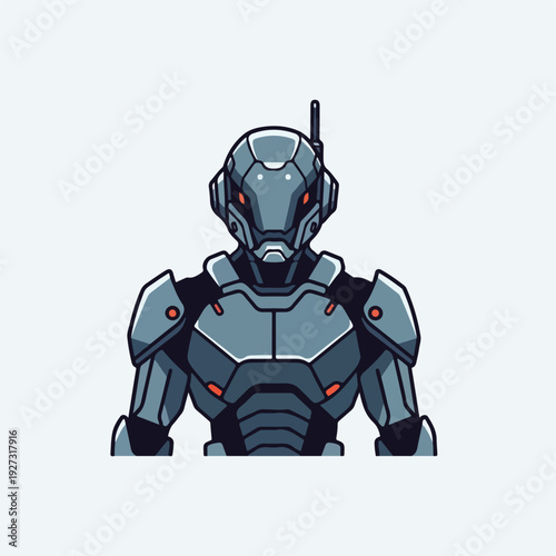 Gray robotic character with red eyes and antenna on white background