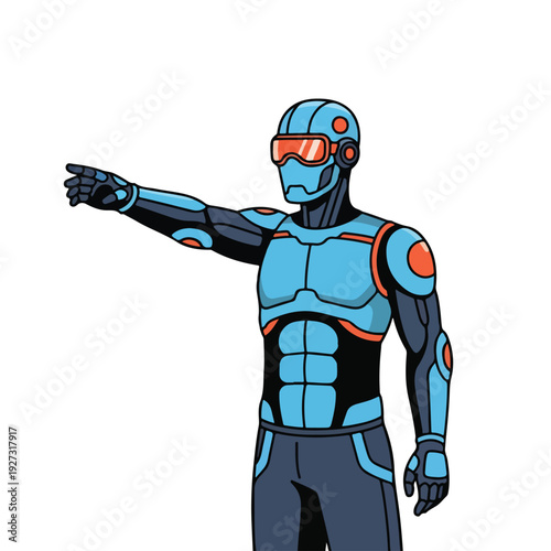 Cartoon robot character pointing to the side in futuristic blue and orange armor