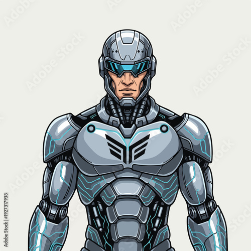 Robot superhero character with metallic armor and blue accents standing alone