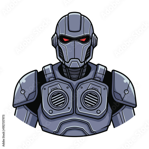 Cartoon robot character wearing gray metallic armor with red eyes