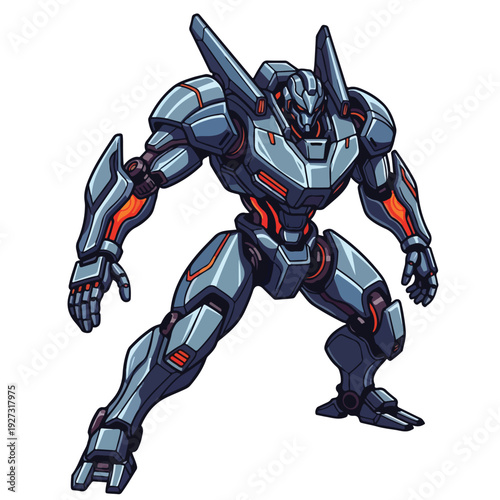 Robotic character in futuristic armor with red accents standing strong