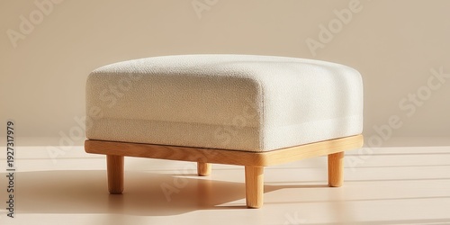 Minimalist cream upholstered ottoman with natural wood legs in soft studio lighting