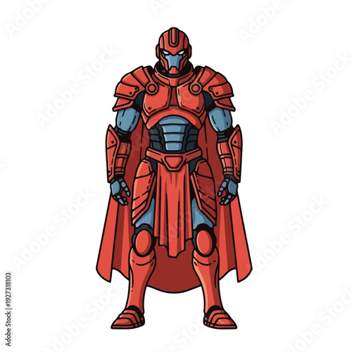 cartoon superhero character wearing red and blue armor and cape