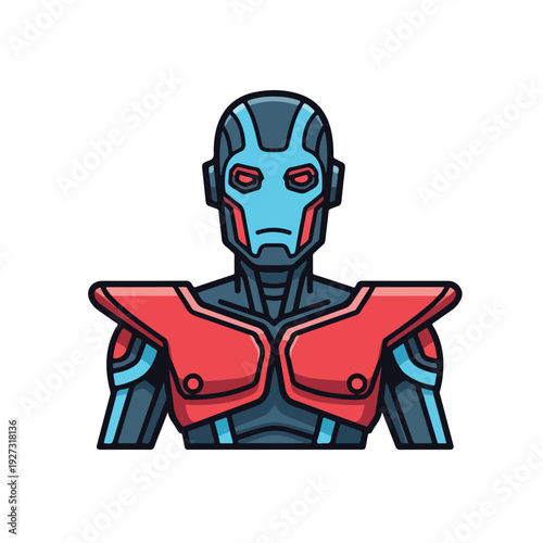 Cartoon robot character with red and blue armor and helmet design