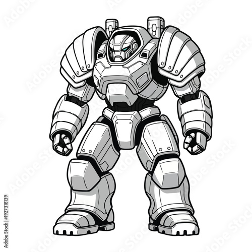Robot character in metallic armor standing on white background
