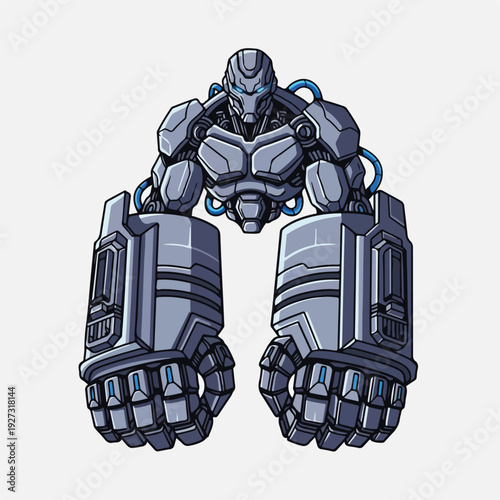 Robot character with large mechanical arms and blue accents standing aggressively