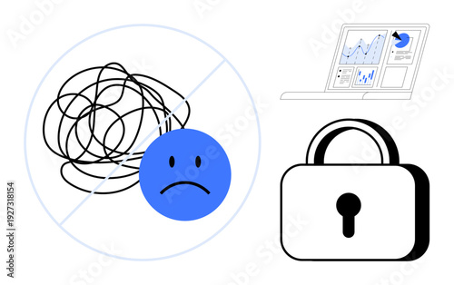 Cybersecurity, data privacy, emotional health, mental clarity, analytics, personal security. A smiling face, lock and analytics screen well-being and secure systems. Cybersecurity and emotional