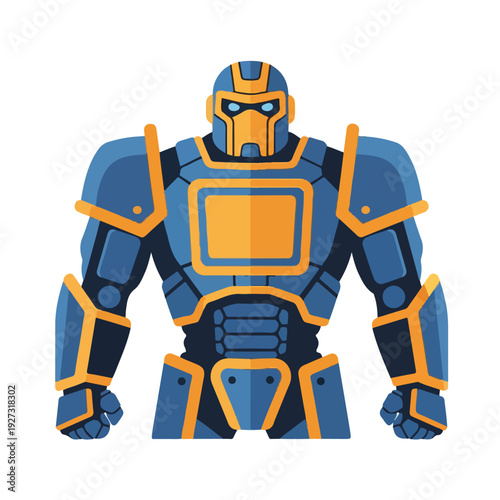 Blue and orange robot character in futuristic armor standing strong