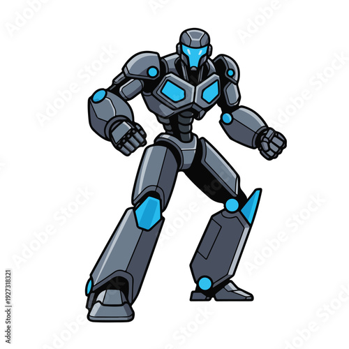 Robot character in futuristic metallic armor with blue accents standing strong