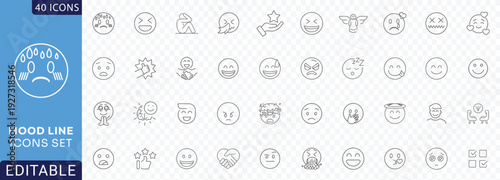 Mood editable icon set. Containing happy, sad, excited, calm, angry, tired, stressed, Etc. Fully Editable. Vector illustration.