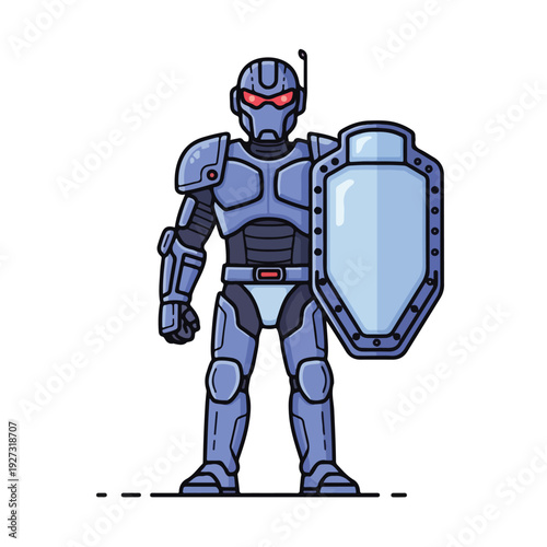 Futuristic robot character in metallic blue armor with shield