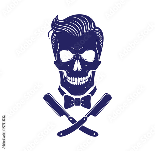 Navy blue skull with pompadour hair and crossed razors on white