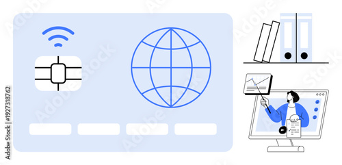 Digital payments. Digital payment system concepts including chip-based transactions and online data visualization. Digital payments fostering secure and global financial operations. Relevant
