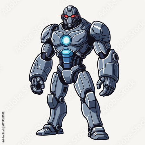 Robot standing with glowing blue lights on chest and red eyes