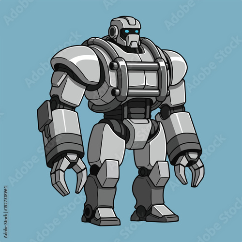 Robot character with metal body on blue background