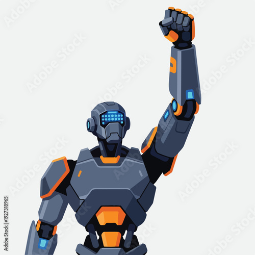 Robot with arm raised in celebration on white background