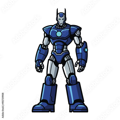 Cartoon robot character with blue and silver metallic body standing alone
