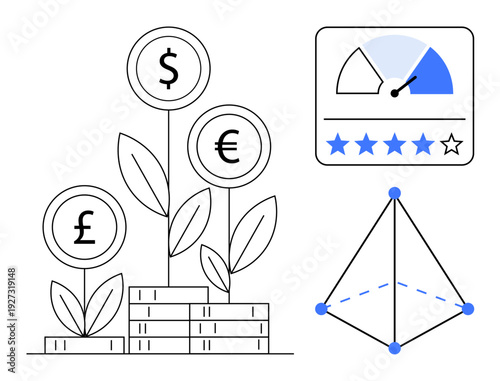 Financial growth concept. Financial growth by currency-linked plants, performance rating chart, and analytical graph. Financial growth supports investments, analytics, fintech, decision-making