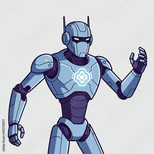 Robot character with glowing emblem on chest standing in dynamic pose