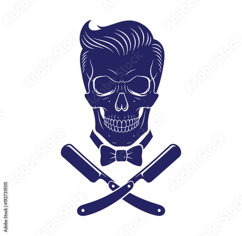 skull with pompadour hair and bow tie crossed razors