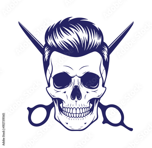 skull with pompadour hairdo and barber scissors through it