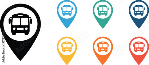 bus vector icons set with map mark illustration, public transport navigation symbols collection for city transit design, flat outline graphic elements isolated on white background.