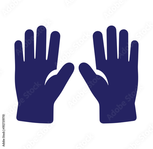 Two navy blue gloves with palms facing forward and fingers spread apart on transparent background