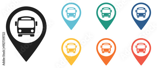 bus vector icons set with map mark illustration, public transport navigation symbols collection for city transit design, flat outline graphic elements isolated on white background.