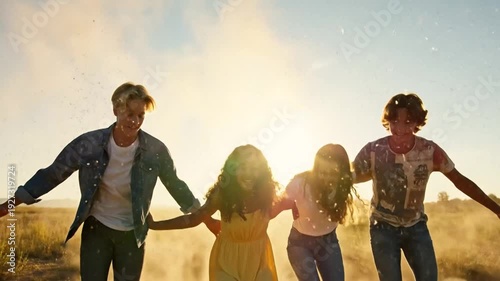 Wallpaper Mural Four vibrant young friends creating a cinematic moment, walking joyfully through a sun-dusted field, celebrating summer, freedom, and the beautiful bond of youth under a golden sky Torontodigital.ca