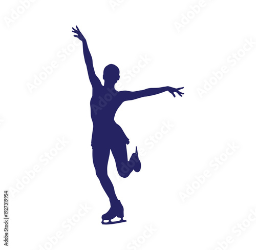 Woman ice skating with arms outstretched in a dynamic pose on white background
