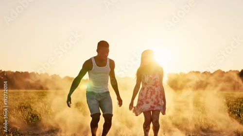 Wallpaper Mural A joyful couple runs spiritedly through a sun-drenched field at golden hour, kicking up a dramatic cloud of dust, embodying freedom and adventurous spirit in a beautifully backlit outdoor scene Torontodigital.ca