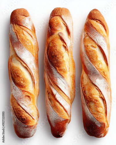 Three fresh baguettes bread loves on white background, top view