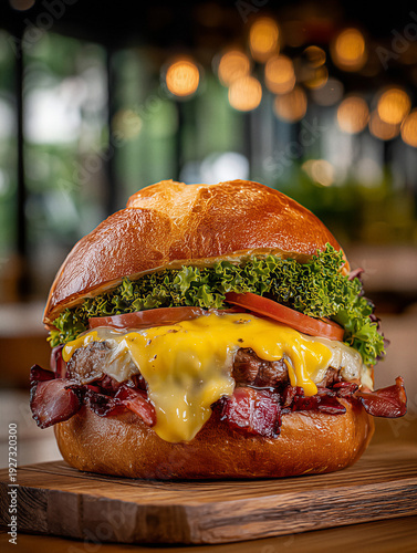 Gourmet cheeseburger with melted cheddar and bacon on brioche bun, restaurant background