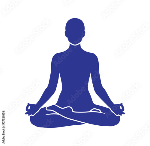 Woman sitting in lotus position meditating in blue silhouette on white background