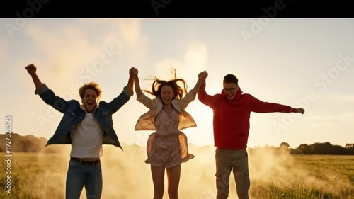 Wallpaper Mural Cinematic shot of three young friends celebrating success, jumping together during a vibrant sunset in a country field Torontodigital.ca
