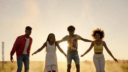 Wallpaper Mural A cinematic silhouette of four joyful young friends holding hands and jumping with energy in a field during a beautiful golden hour sunset Torontodigital.ca