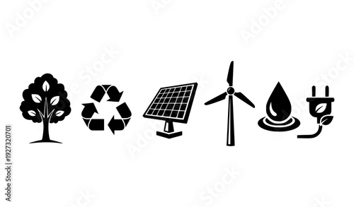 Black silhouette environmental and renewable energy icon set with trees recycling and solar power isolated on transparent background