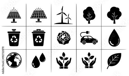 Black silhouette eco and renewable energy icons including trees solar and recycling isolated on transparent background