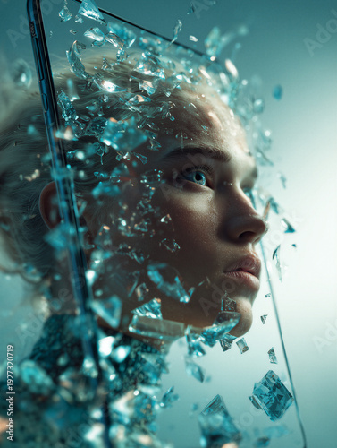 Woman behind shattered glass cell phone, dramatic cinematic portrait with flying shards