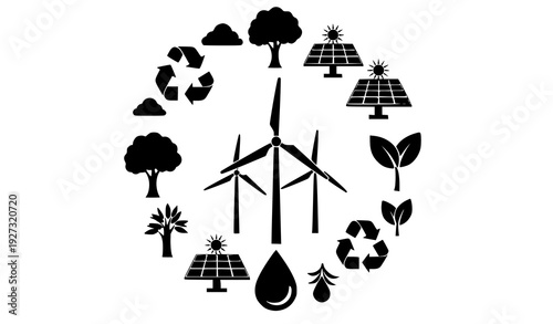 Black circular emblem of environmental nature and renewable energy icons trees solar recycling isolated on transparent background