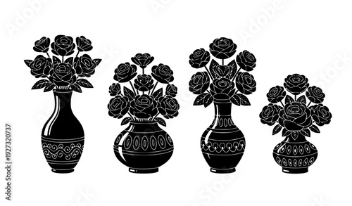 Four black and white flower arrangements in ornate vases decorative vector set isolated on transparent background