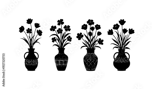 Modern black and white flower arrangements in ornate vases minimalist vector isolated on transparent background