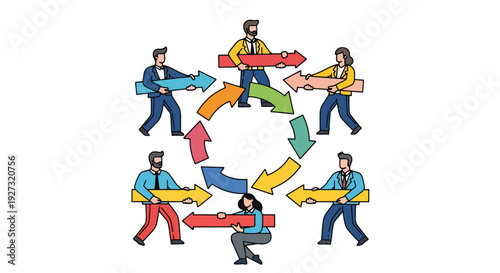 Collaborative Business Teamwork Illustration Featuring People Working Together in a Circular Motion with Colorful Arrows via RJ Whisk Auto