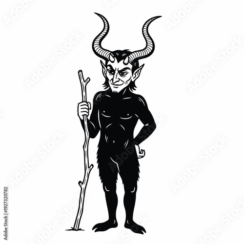 Cartoon devil character with horns and stick