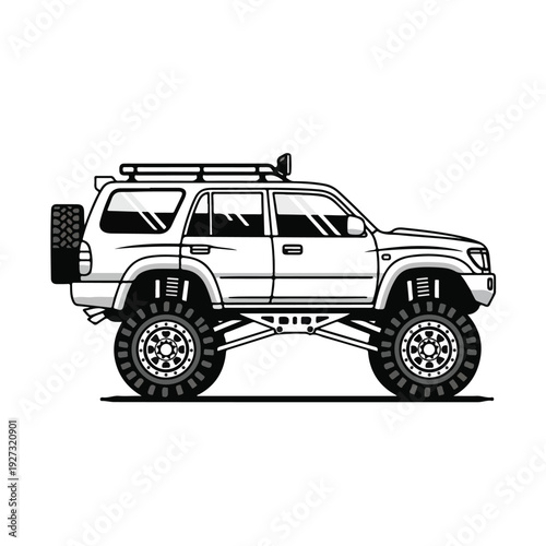 Off road vehicle with lifted suspension and roof rack accessories